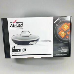 All-Clad B1 Hard Anodized Nonstick 12-Inch Fry Pan W/ Helper Handle and Lid, New
